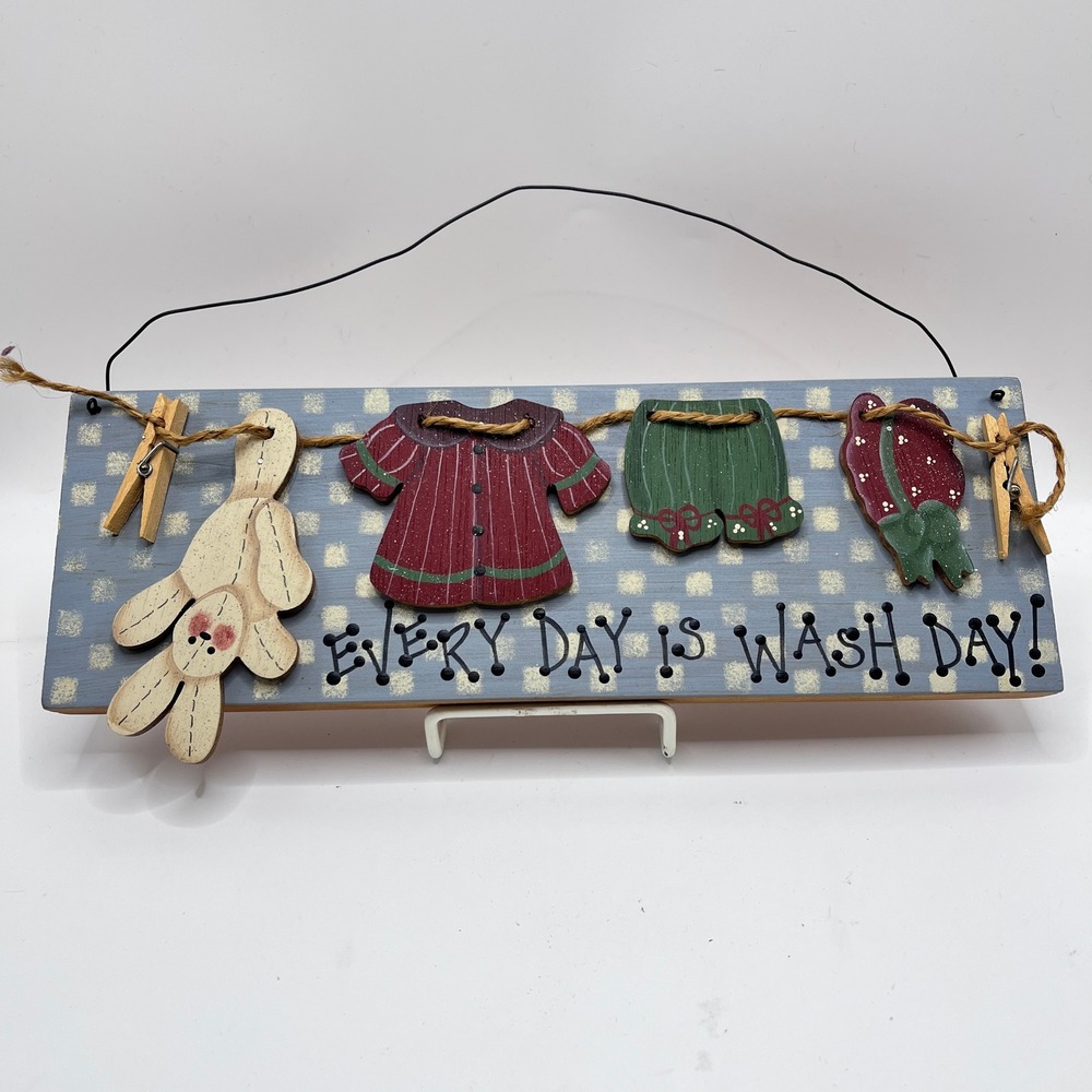 Vintage Every Day Is Wash Day Wooden Wall Plaque Laundry Room Decor Bunny Sign